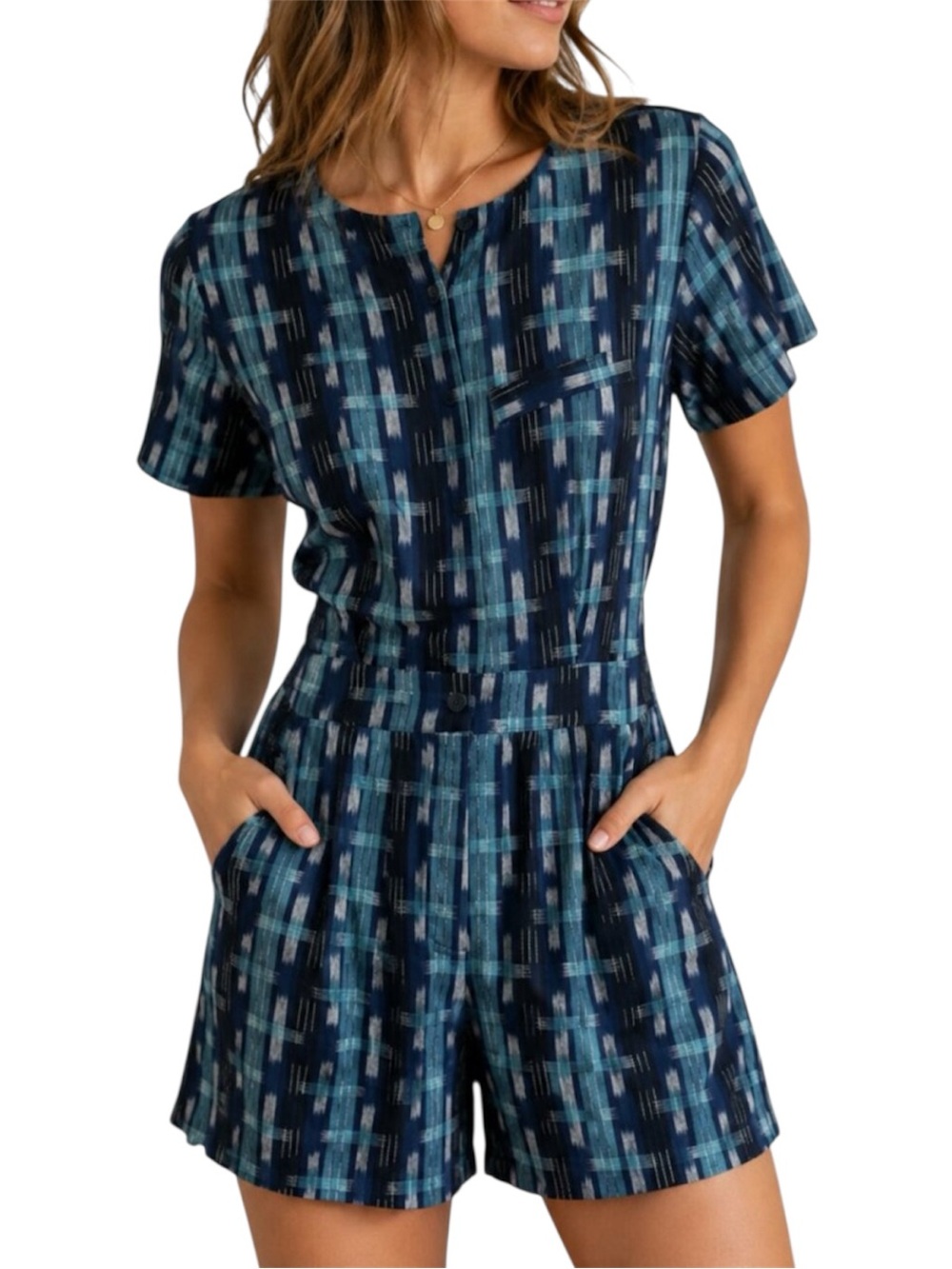 Vintage J. Peterman Ikat Plaid Utility Romper XS Cotton 90s Americana Safari